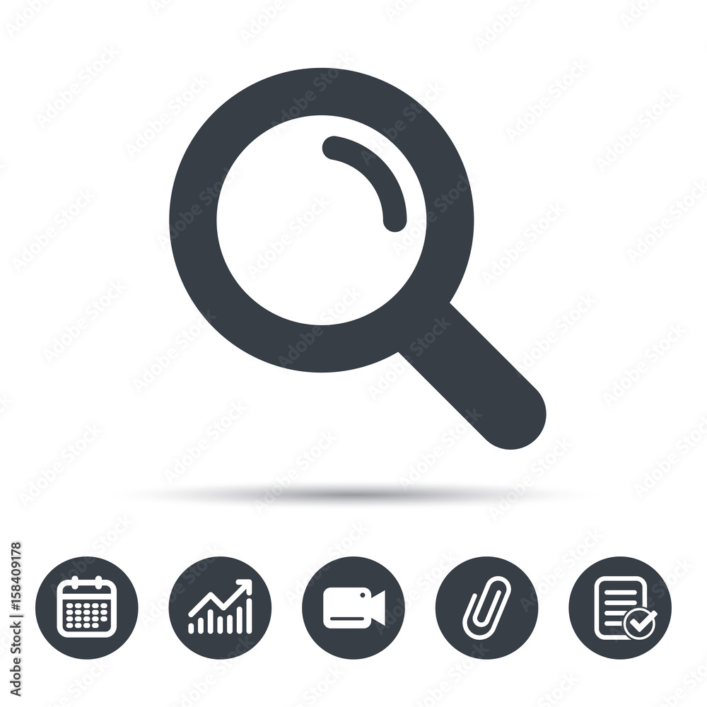 Magnifier icon. Search magnifying glass symbol. Calendar, chart and checklist signs. Video camera and attach clip web icons. Vector Magnifier icon. Search magnifying glass symbol. Calendar, chart and checklist signs. Video camera and attach clip web icons. Vector
