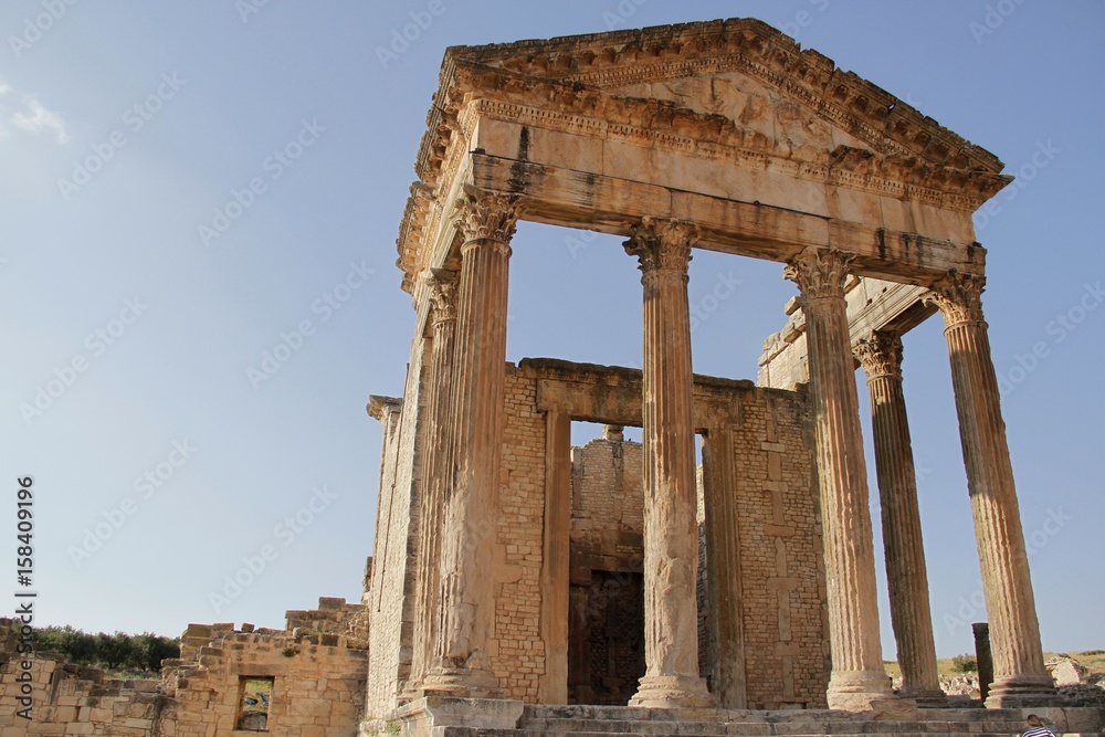 Temple in the ancient city/ View from the bottom of the ancient temple, the city of Dugga, Tunisia