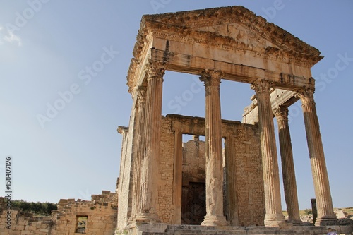 Temple in the ancient city/ View from the bottom of the ancient temple, the city of Dugga, Tunisia