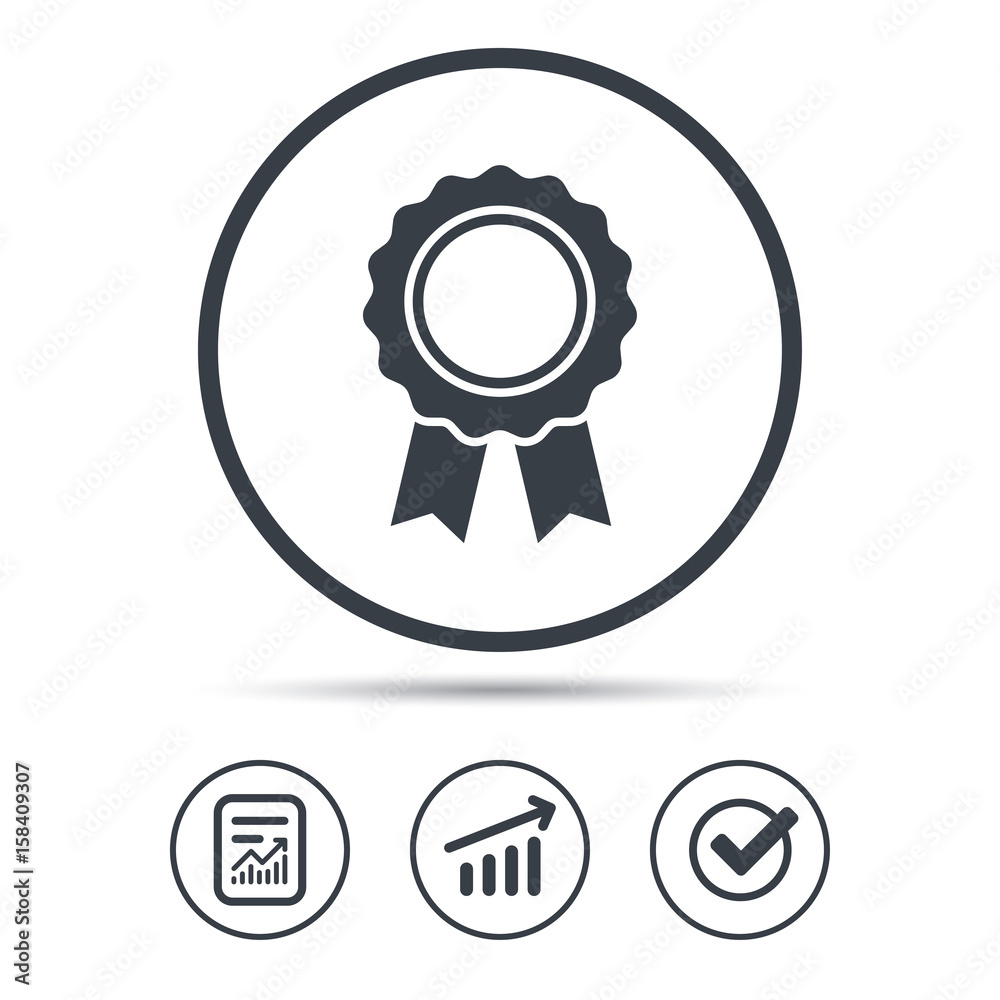 Medal icon. Winner award emblem symbol. Report document, Graph chart and Check signs. Circle web buttons. Vector Medal icon. Winner award emblem symbol. Report document, Graph chart and Check signs. Circle web buttons. Vector