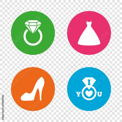 Wedding dress icon. Women's shoe symbol.