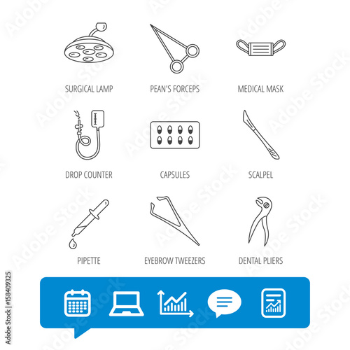Medical mask, capsules and dental pliers icons. Surgical lamp, scalpel and drop counter linear signs. Tweezers, pipette and forceps flat line icons. Vector