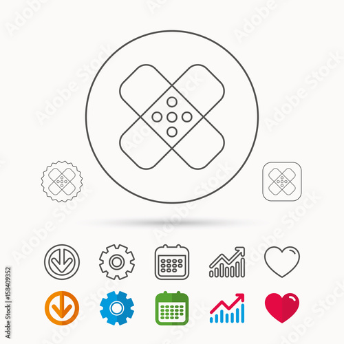 Medical plaster icon. Injury fix sign. Calendar, Graph chart and Cogwheel signs. Download and Heart love linear web icons. Vector