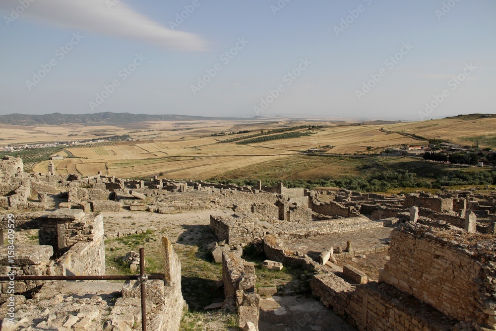 View of the surroundings from the city of Dugga/ ancient ancient city of Dugga with a view of the mountains, Tunisia