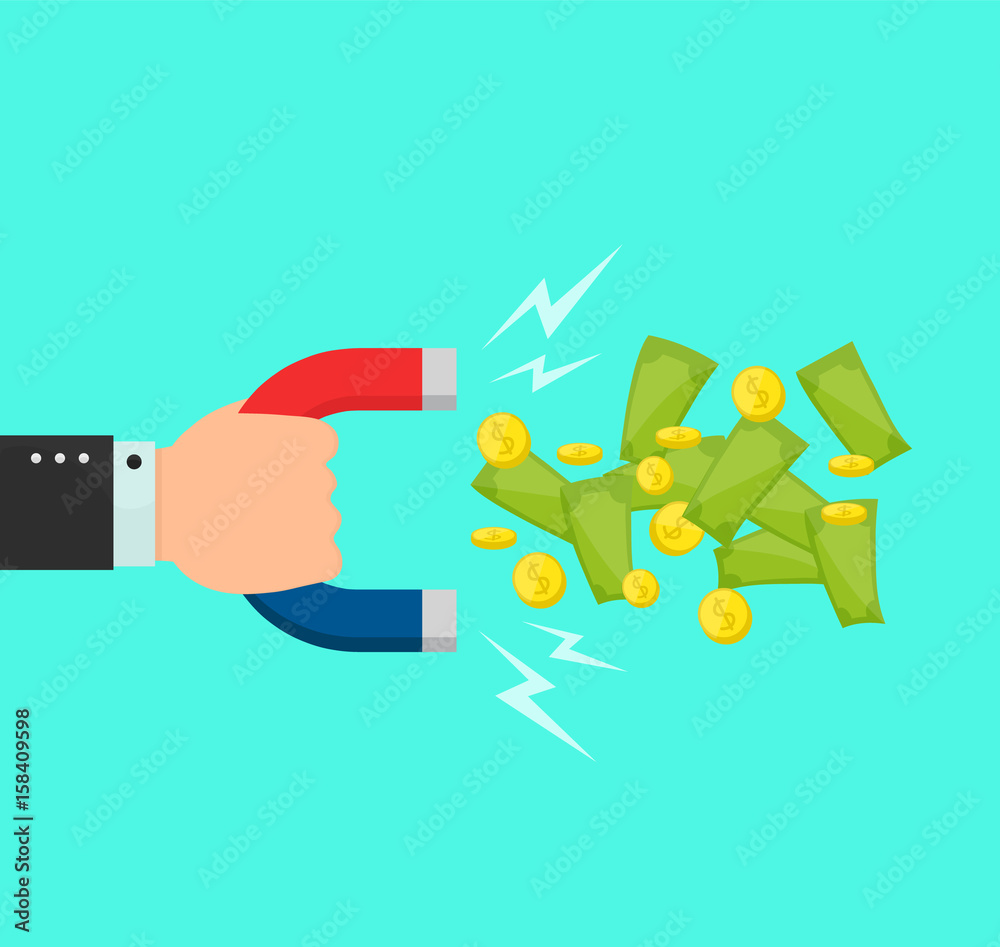 Hand with a big magnet attracts money dollar, coins, bilks. Vector flat cartoon illustration modern syle icon design. Isolated on blue background