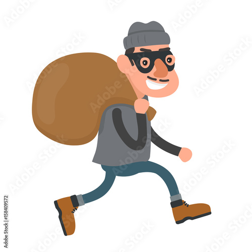Happy smiling thief, robber runs with a bag. Vector flat cartoon character modern style illustration icon drawing, Isolated on white background