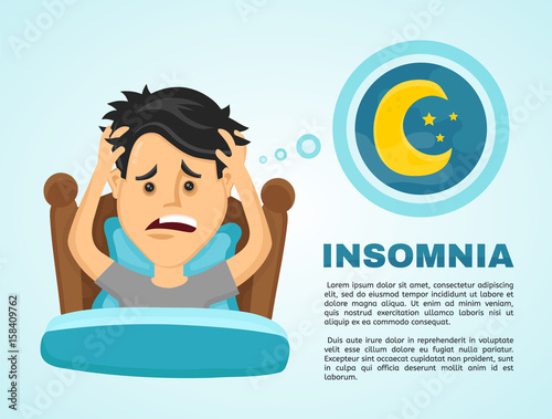Insomnia infographic.Young man suffers from lack of sleep. Vector flat modern style illustration character icon design. Isolated on white background.  Healthy care, bad body balance, insomnia concept