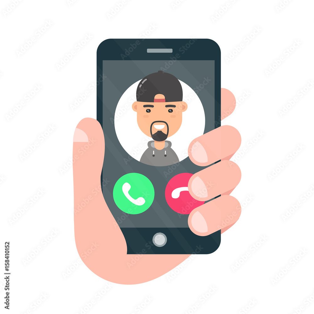 Incoming call on smartphone screen. One hand holds smartphone.Vector modern style cartoon character illustration icon avatar design. Male avatar.Calling technical support. Isolated on white background