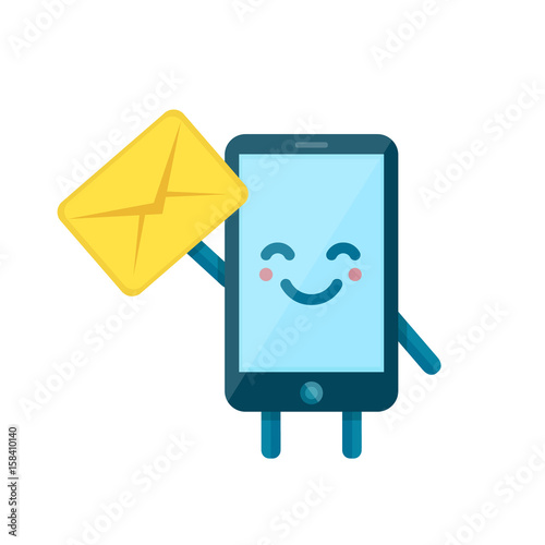 Your smartphone friend have a message for you. Vector flat illustration icon cartoon phone character. Isolated on white background. Message letter send on mobile phone. Sms, email concept