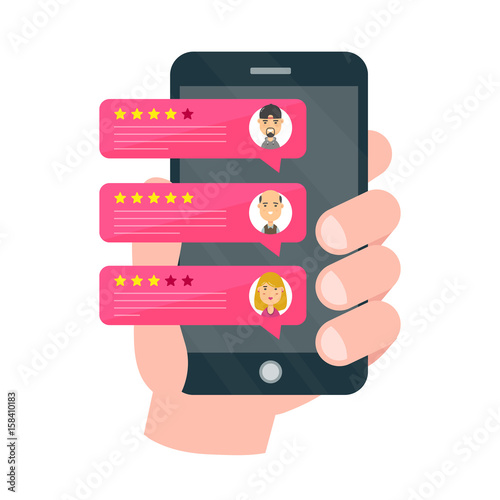 Rate our app flat concept. Hand holds smartphone.Vector modern style cartoon character illustration avatar icon design.Review rating bubble speeches on mobile. notifications, feedback messages concept