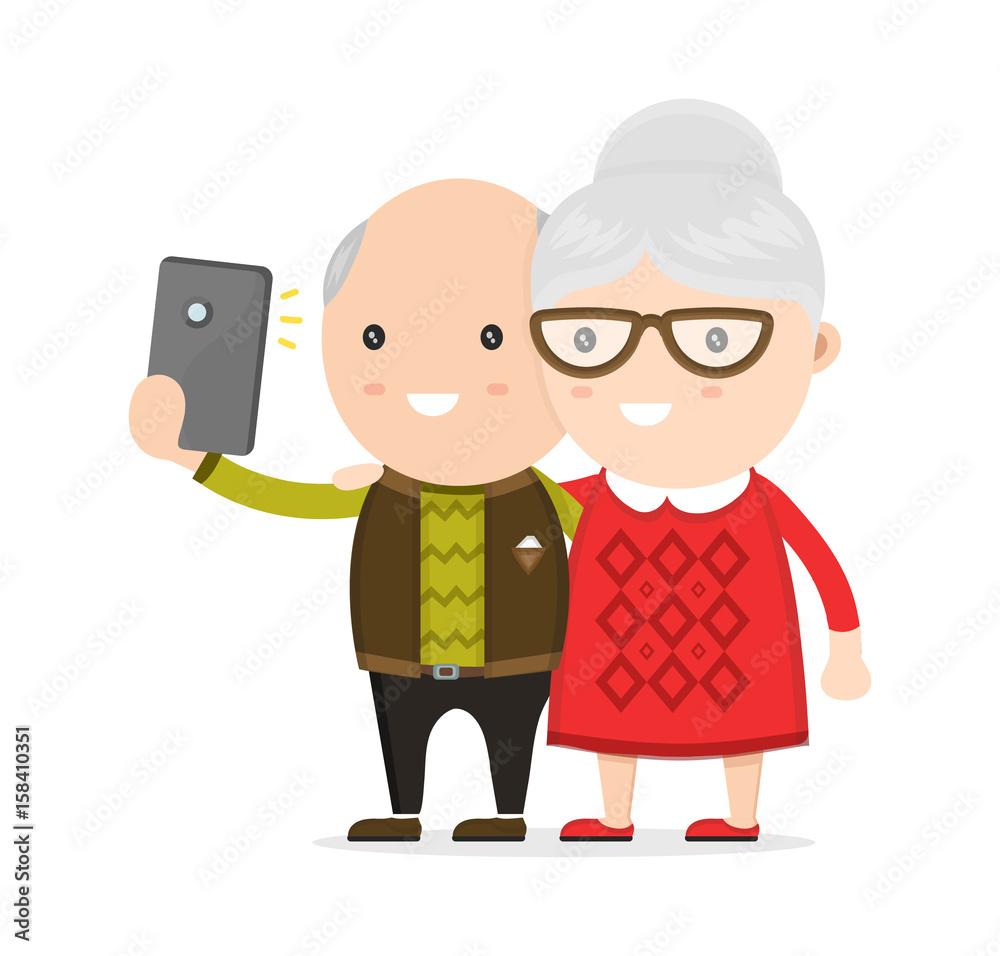 Old man and woman, grandmother and grandfather, Do selfie photo on a smartphone phone. Vector flat modern style illustration character icon design. Isolated on white background.  Progressive old men