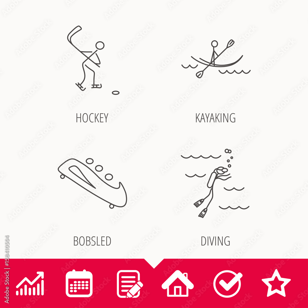 Ice hockey, diving and kayaking icons. Bobsled linear sign. Edit document, Calendar and Graph chart signs. Star, Check and House web icons. Vector