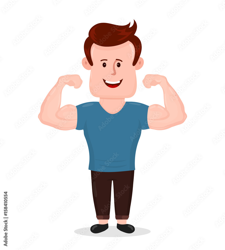 Pumped-up sport fitness young man. Shows muscles biceps. Vector flat modern style illustration character icon design. Isolated on white background. Bodybuilding concept Pumped-up sport fitness young man. Shows muscles biceps. Vector flat modern style illustration character icon design. Isolated on white background. Bodybuilding concept