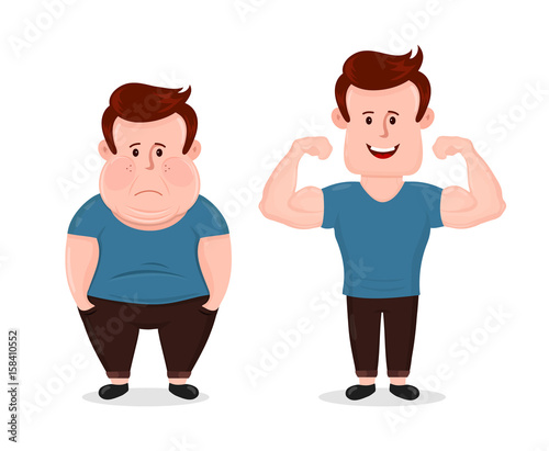 Young sad fat and sport fitness happy muscular man. Shows muscles biceps. Vector flat modern style illustration character icon design. Isolated on white background. Bodybuilding before after concept