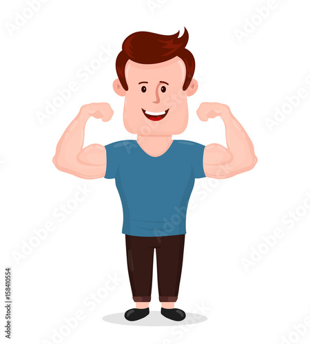 Pumped-up sport fitness young man. Shows muscles biceps. Vector flat modern style illustration character icon design. Isolated on white background. Bodybuilding concept
