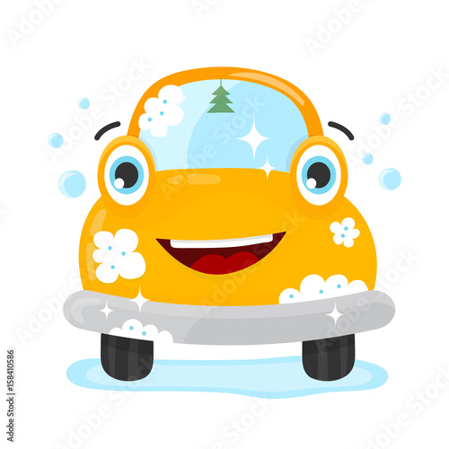 Happy cute fun clear car. Vector flat modern style illustration character icon design. Isolated on white background. Car wash services, auto cleaning concept