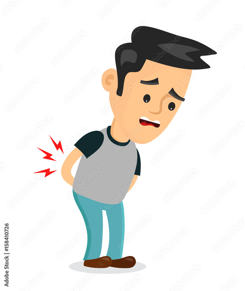 backache problems.vector flat cartoon concept illustration of men character design icon. Isolated on white background. Pain in back, ache, hurt, suffering