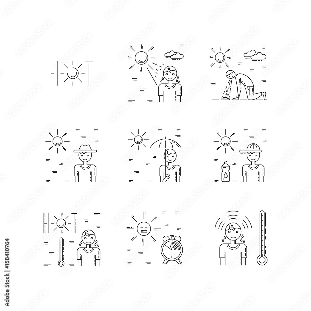 Vector linear illustration of the safety of a person on the sun. symptoms of sun stroke and measures of human security