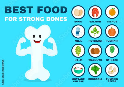 Best food for strong bones. Strong healthy bone character. Vector flat cartoon illustration icon. Isolated on blue backgound. Health food, diet, products, nutrition, nutriment infographic concept