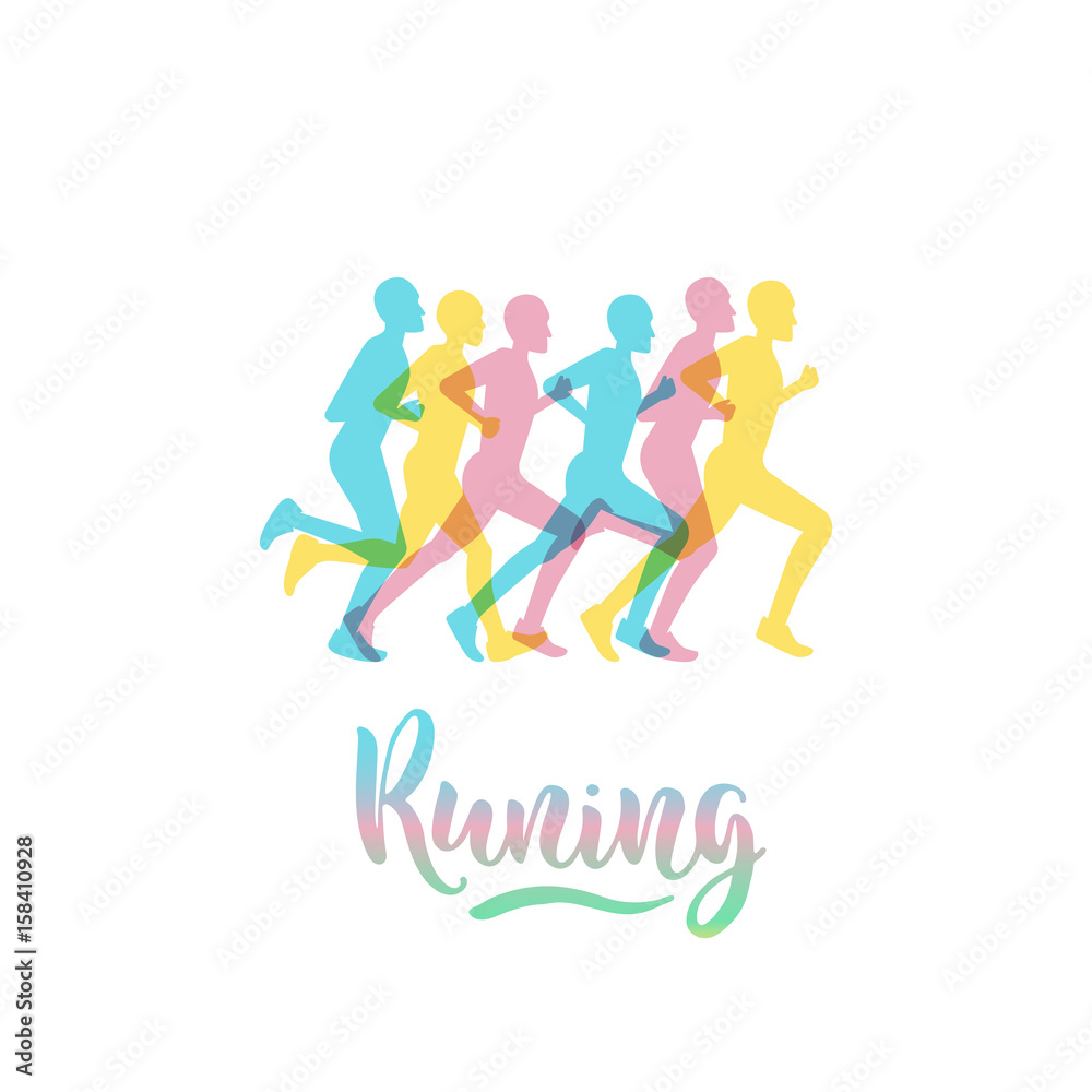 The logo sports a running with letters written with a brush. Vector image in a flat style with a group of athletes runners on a white isolated background