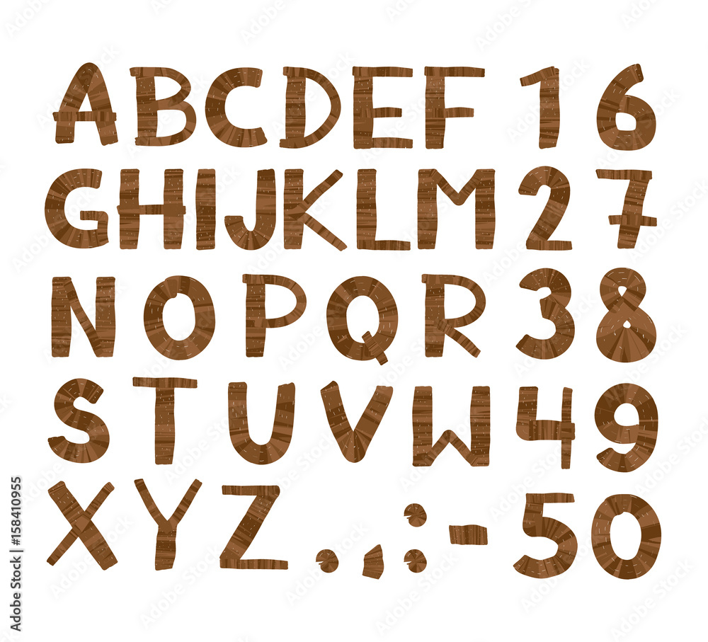 Wood tree texture font. Alphabet, vector set with all wooden letters and numbers. Isolated on white background Wood tree texture font. Alphabet, vector set with all wooden letters and numbers. Isolated on white background