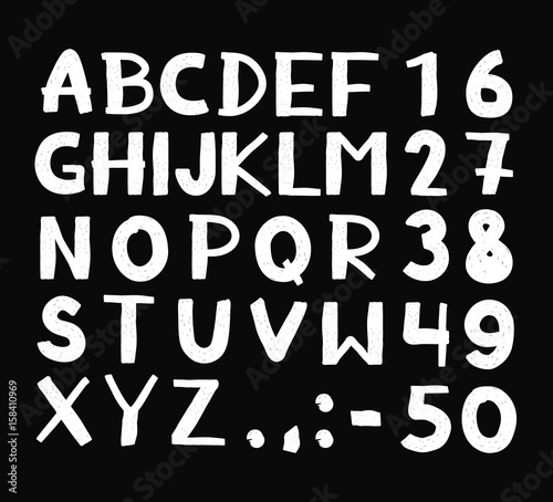 Hand drawn hipster vintage letters and numbers font. marker lettering. Grunge font, Sans serif. Vector design. Isolated on black background. alphabet , ink, brush. calligraphy, lettering, chalk style