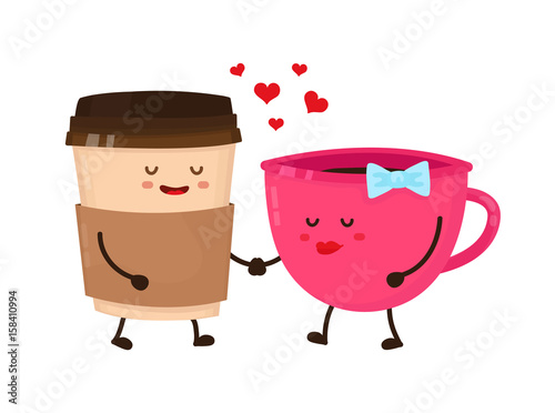 Coffee cups love flirt vector flat style cartoon fun character  illustration. Cute happy icon.  Take away coffee, cafe concept. Isolated on white background