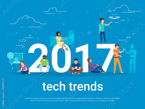 2017 tech trends concept illustration of young people using modern technologies such as virtual reality helmet, gadgets for augmented reality and remote controlled drone. Flat people and future apps