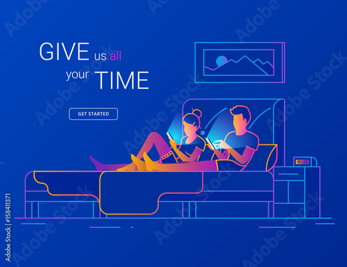 Young couple spending time in bed using smartphones for social networking, reading news, watching video, searching internet. Modern gradient line vector illustration of two people wasting night time