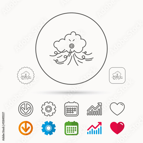 Wind icon. Cloud with storm sign. Strong wind or tempest symbol. Calendar, Graph chart and Cogwheel signs. Download and Heart love linear web icons. Vector
