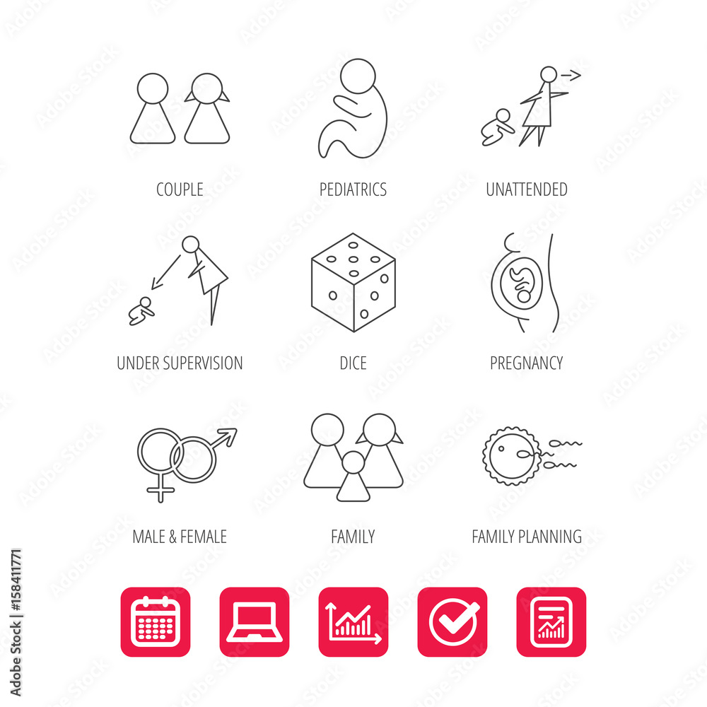 Pregnancy, pediatrics and family planning icons. Under supervision, unattended and baby child linear signs. Dice, male and female icons. Report document, Graph chart and Calendar signs. Vector Pregnancy, pediatrics and family planning icons. Under supervision, unattended and baby child linear signs. Dice, male and female icons. Report document, Graph chart and Calendar signs. Vector