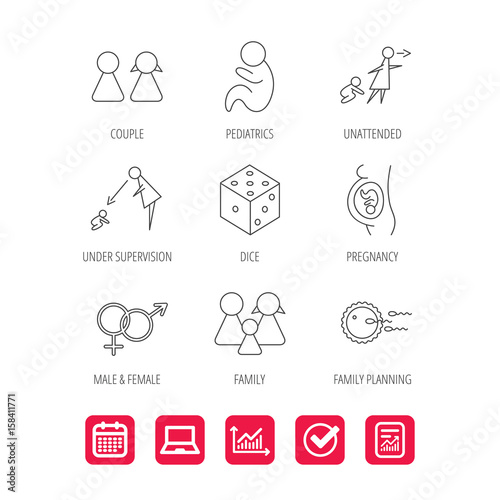 Pregnancy, pediatrics and family planning icons. Under supervision, unattended and baby child linear signs. Dice, male and female icons. Report document, Graph chart and Calendar signs. Vector