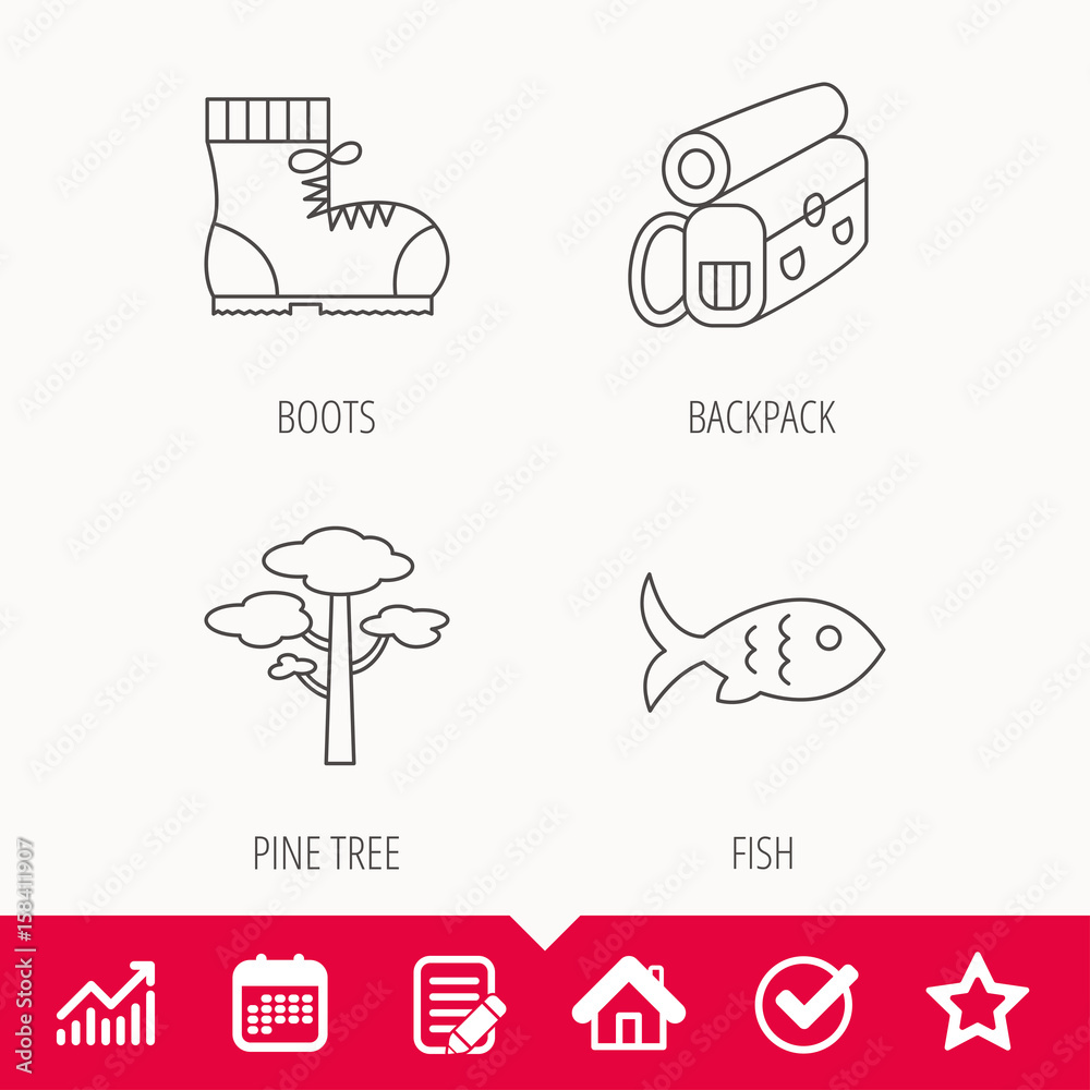 Pine tree, fish and hiking boots icons. Bonfire linear sign. Edit document, Calendar and Graph chart signs. Star, Check and House web icons. Vector