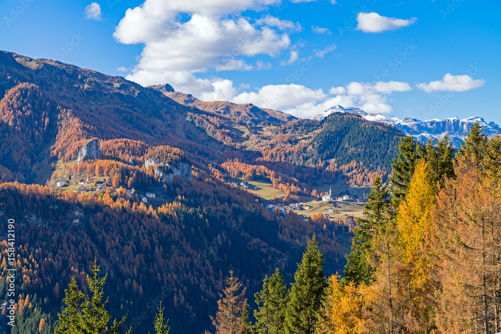 Mountainous landscape with the villages of Colle Santa Lucia and Selva di Cadore, at the Dolomites