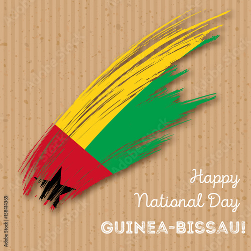 Guinea-Bissau Independence Day Patriotic Design. Expressive Brush Stroke in National Flag Colors on kraft paper background. Happy Independence Day Guinea-Bissau Vector Greeting Card.