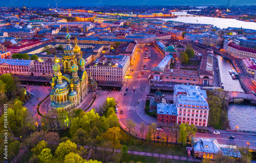 Russia. SPb. Savior on Spilled Blood. St. Petersburg. Night view of Peter from the air.