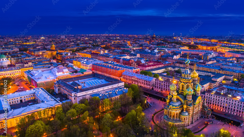 Savior on Spilled Blood. Museums of Saint-Petersburg. Night view of Peter from the air. Russia. SPb.