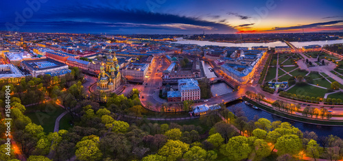 Savior on Spilled Blood. Panorama of the city. St. Petersburg. Night view of Peter from the air. Russia. SPb.