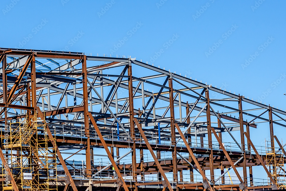 The steel frame structure of a large warehouse