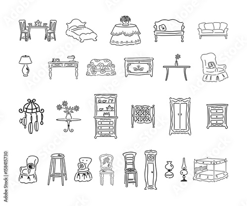 furniture set. outlined cartoon handrawn sketch illustration vector.. Collection set