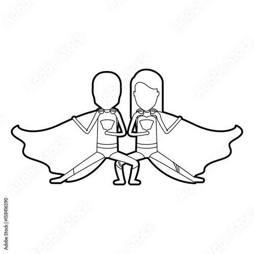 black silhouette of faceless duo of superheroes in defensive pose and her with straight long hair vector illustration
