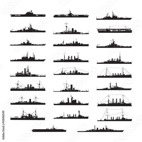 Set of black and white silhouette ship and boats icons showing passenger lines cruise ship LNG carrier container ship tanker in frontal views photo