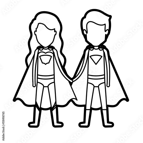 monochrome thick contour of faceless couple of superheroes united of the hands and her with long wavy hair vector illustration