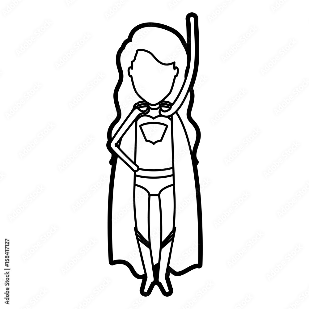 monochrome thick contour of standing faceless superhero girl with long hair flying with arm up vector illustration