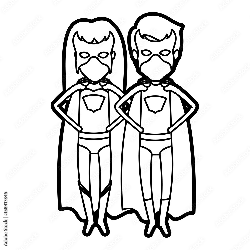 monochrome thick contour of faceless couple of superheroes flying with hands in your waist vector illustration