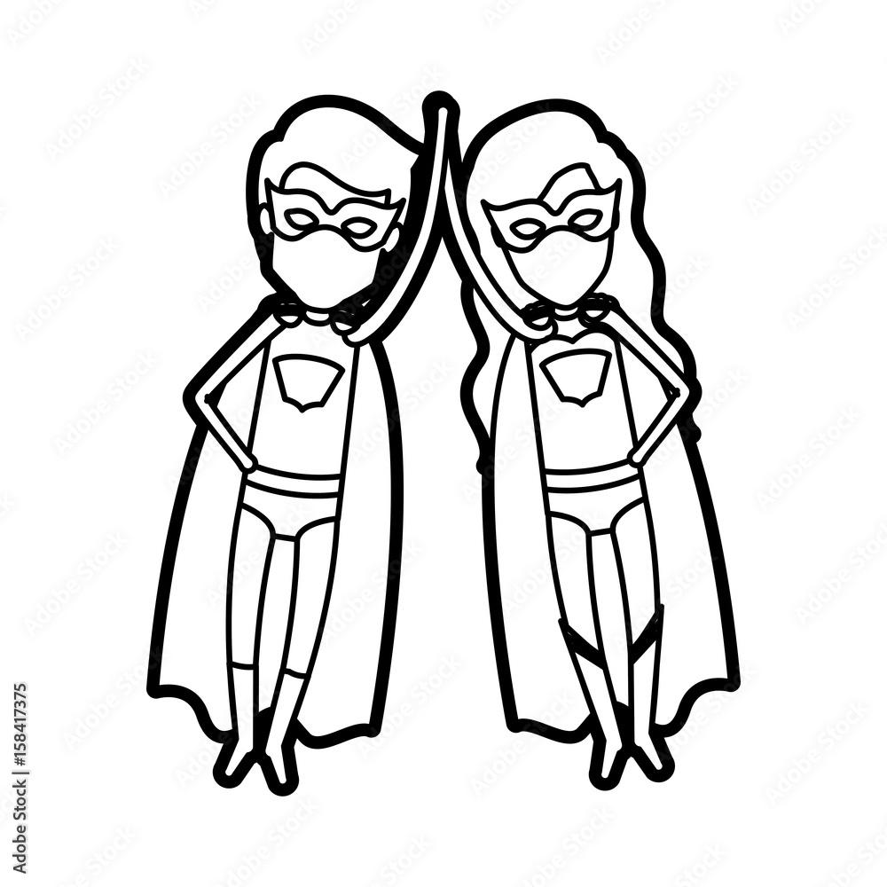 monochrome thick contour of faceless couple of superheroes flying and holding hands vector illustration