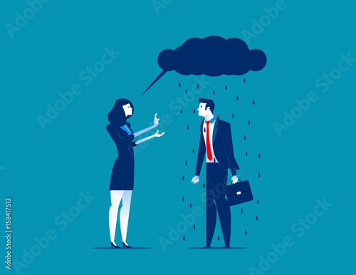 Business person talking with black rain cloud speech bubble. Concept business vector illustration.