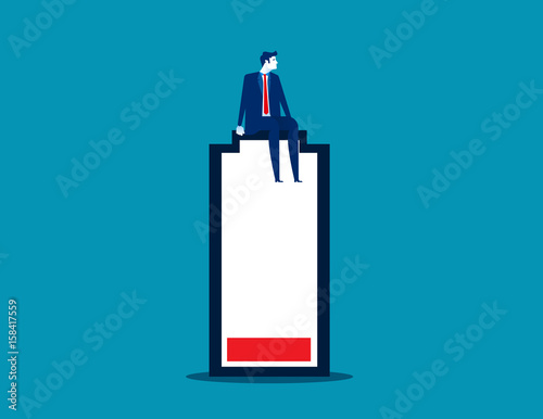 Businessman sitting on top of low battery symbol. Concept business vector.