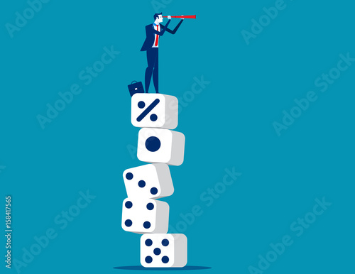 Businessman looking telescope and standing on percentage sign of large dice. Business vector.