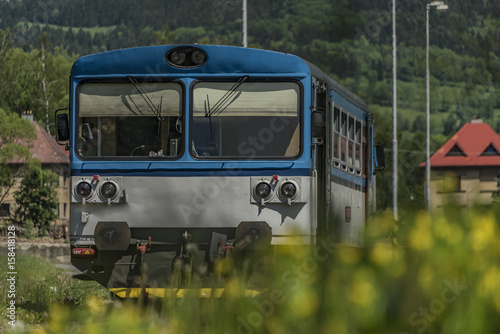 Blue motor train in Stare Mesto pod Sneznikem station